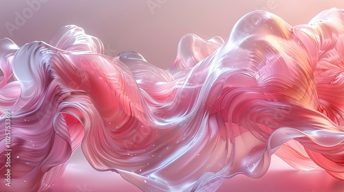 Glass pink waves, curved transparent layers. Abstract background 3d rendering