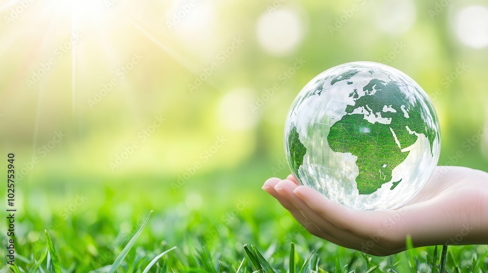 Human hands holding earth sphere crystal or sustainable globe glass with sunlight at green nature background Human hands holding earth sphere crystal or sustainable globe glass with sunlight at green nature background