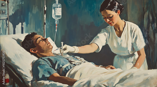 A nurse administering intravenous treatment to a patient suffering from a contagious illness in a hospital photo