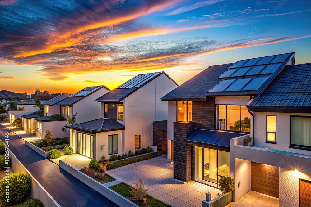 Fototapeta premium Under a tranquil evening sky, modern solar roof homes radiate sustainability and elegance, offering a unique retreat that harmonizes eco-friendliness with serene architectural design.