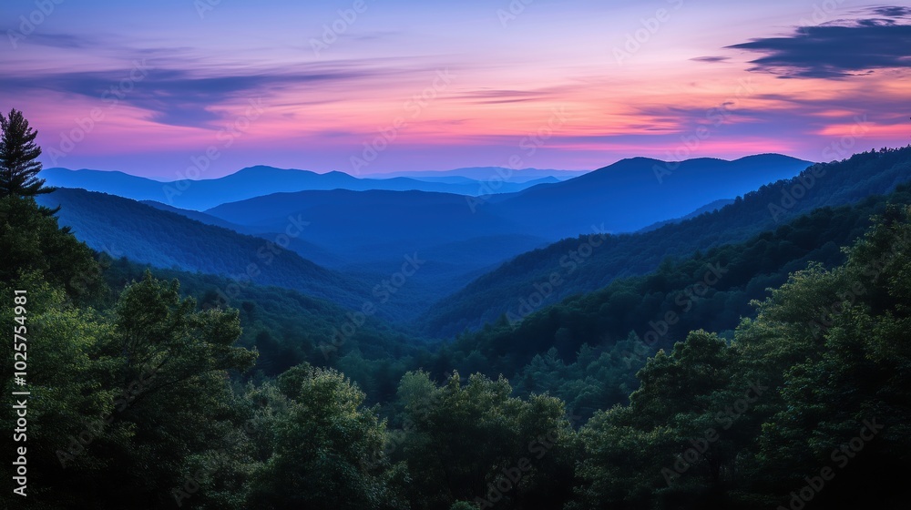 Mountain landscape at sunset, vibrant colors, layered hills, serene atmosphere Mountain landscape at sunset, vibrant colors, layered hills, serene atmosphere