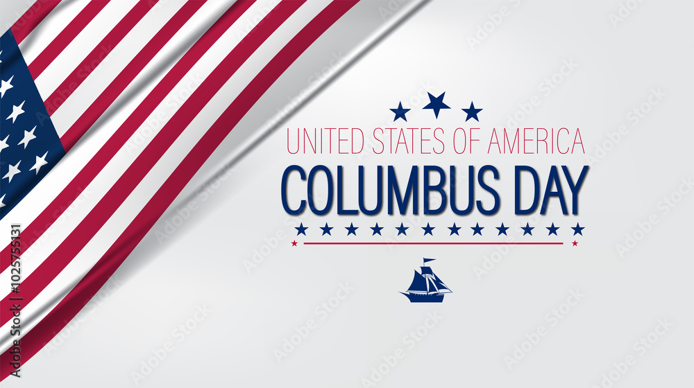 Cheerful Columbus Day scene with the American flag and a sailboat, representing adventure and national pride