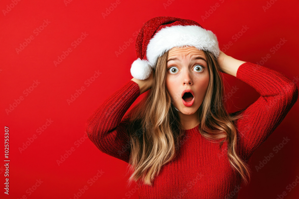 Woman in a Santa hat goofily pulls a face. Woman in a Santa hat goofily pulls a face.