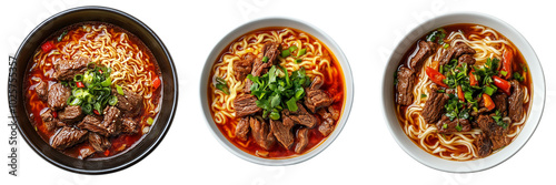 collection Set of A bowl of beef noodles, top view, food photography, fresh colors, on a transparent background cutout
