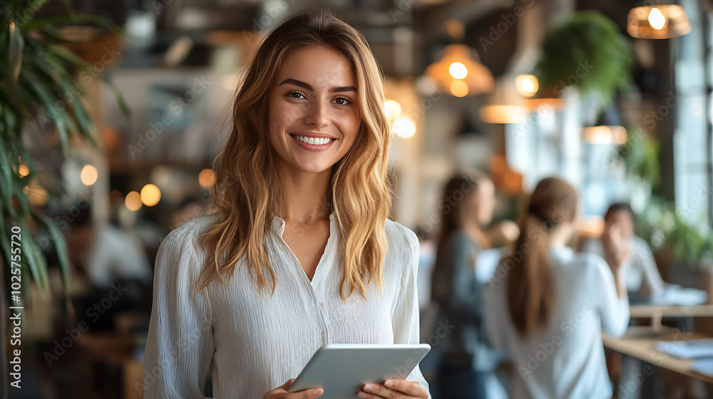 A woman is smiling and holding a tablet in a restaurant