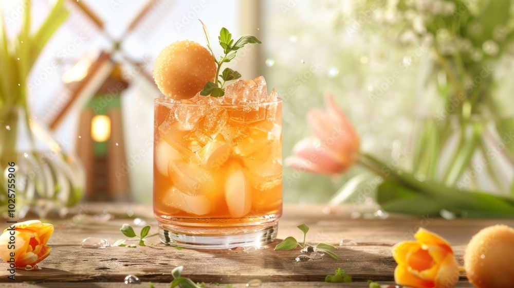 Fototapeta premium Iced Tea with a Peach Garnish on a Wooden Table