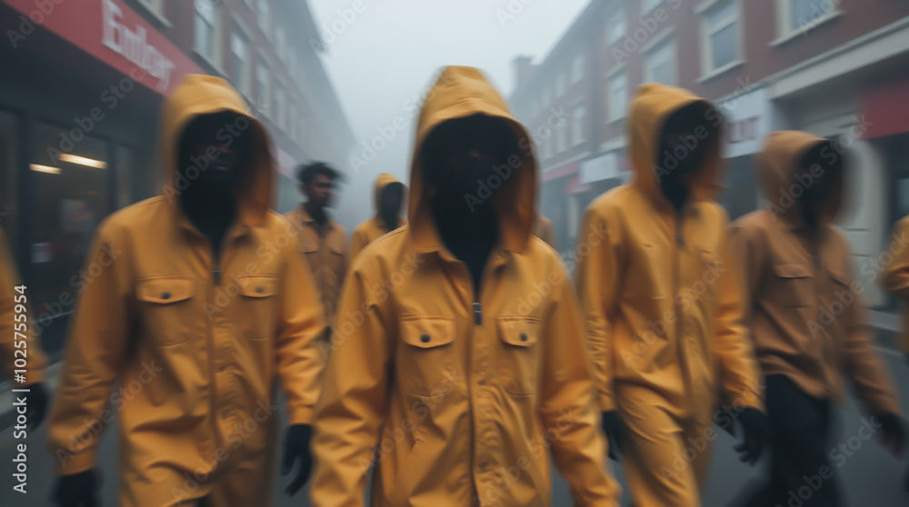 A group of people in yellow overalls walks along a foggy city street, creating a mysterious atmosphere A group of people in yellow overalls walks along a foggy city street, creating a mysterious atmosphere