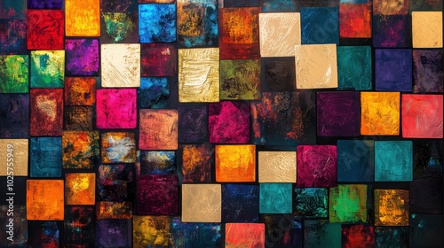 Colorful abstract art with textured squares, vibrant hues, mixed media composition