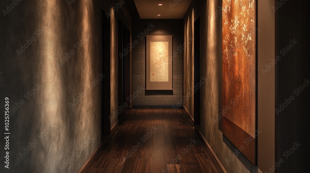 A sophisticated hallway with dark wood flooring and soft A sophisticated hallway with dark wood flooring and soft