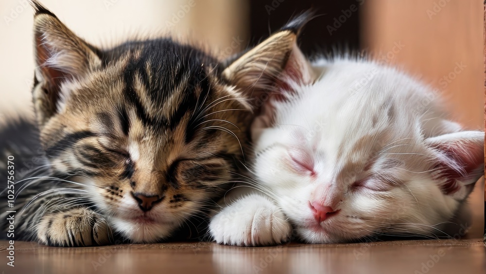 Two adorable kittens sleeping peacefully side by side. Two adorable kittens sleeping peacefully side by side.
