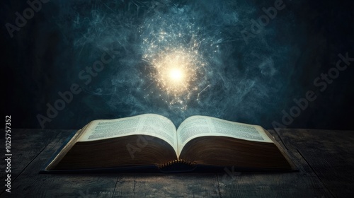 Light floats out of an open book, representing the fusion of technology and knowledge, isolated on a minimal background.