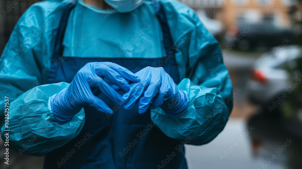 A person putting on a mask and gloves before entering a public building, following health safety protocols A person putting on a mask and gloves before entering a public building, following health safety protocols