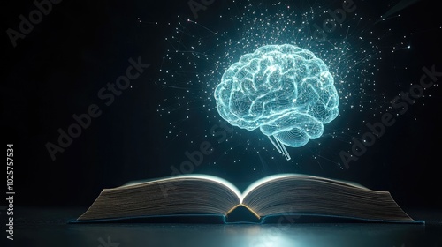 Open book with a glowing AI-generated human brain floating above, symbolizing the fusion of education and technology, on a clean, simple background.