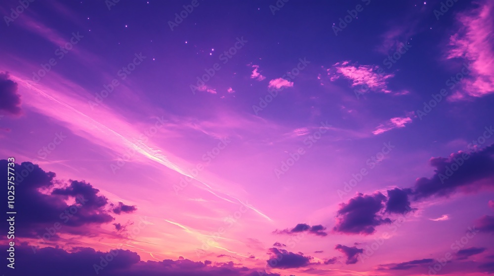 Violet Neon Glow in a Cosmic Twilight Sky, Electric Purple Streaks of Light Illuminating Dreamlike Wispy Clouds, Capturing the Mystical Beauty of a Celestial Landscape Violet Neon Glow in a Cosmic Twilight Sky, Electric Purple Streaks of Light Illuminating Dreamlike Wispy Clouds, Capturing the Mystical Beauty of a Celestial Landscape