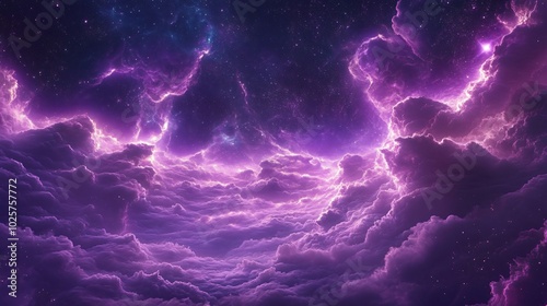 Cosmic Twilight Sky with Vibrant Violet Neon Glow and Streaks of Electric Purple Light Illuminating Wispy Clouds in a Dreamlike Celestial Landscape, Creating a Surreal Atmosphere