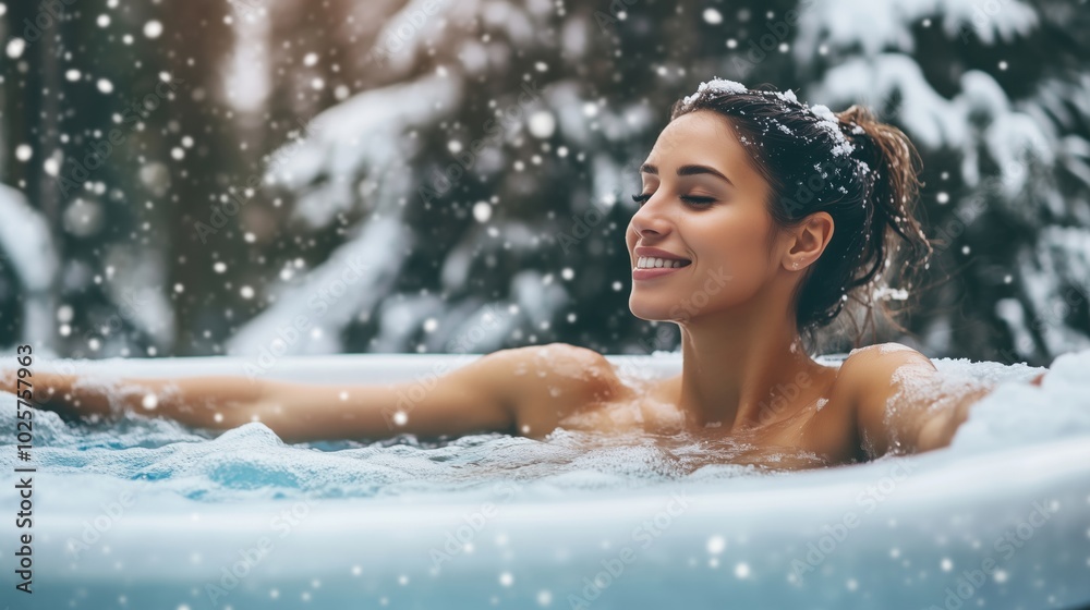 Obraz premium Woman enjoying hot tub in snowy winter landscape, serene expression, snowflakes falling
