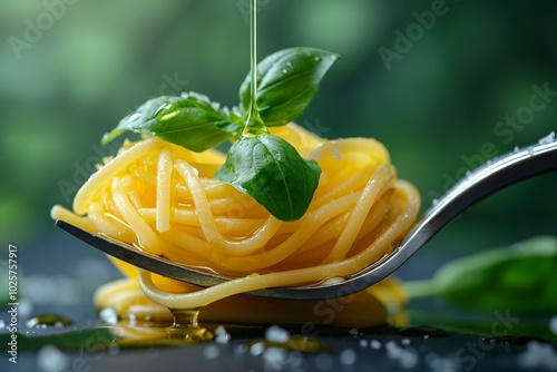 Freshly cooked spaghetti pasta twirled on a fork with basil leaves on a green background photo