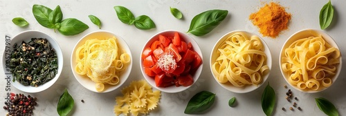 Delicious Variety of Pasta in White Bowls on Table Setting with basil leaves