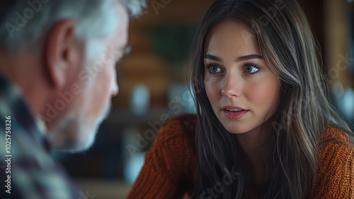 A real estate appraiser interviewing a homeowner in the kitchen, discussing property features, with warm lighting and a conversational mood.