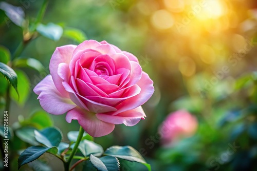 Closeup of pink rose in nature with copy space on left side