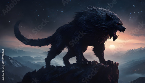 A strange creature standing on a mountaintop with a dark and terrifying view. The starlight made it appear that its black fur was thick and flowing along the wind. photo