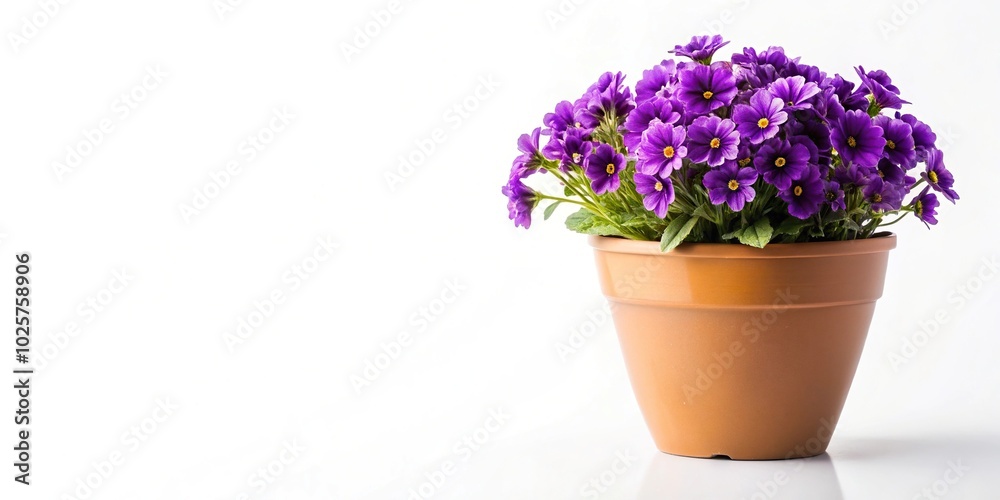 Close-up of purple flowers in a pot on a white background Close-up of purple flowers in a pot on a white background