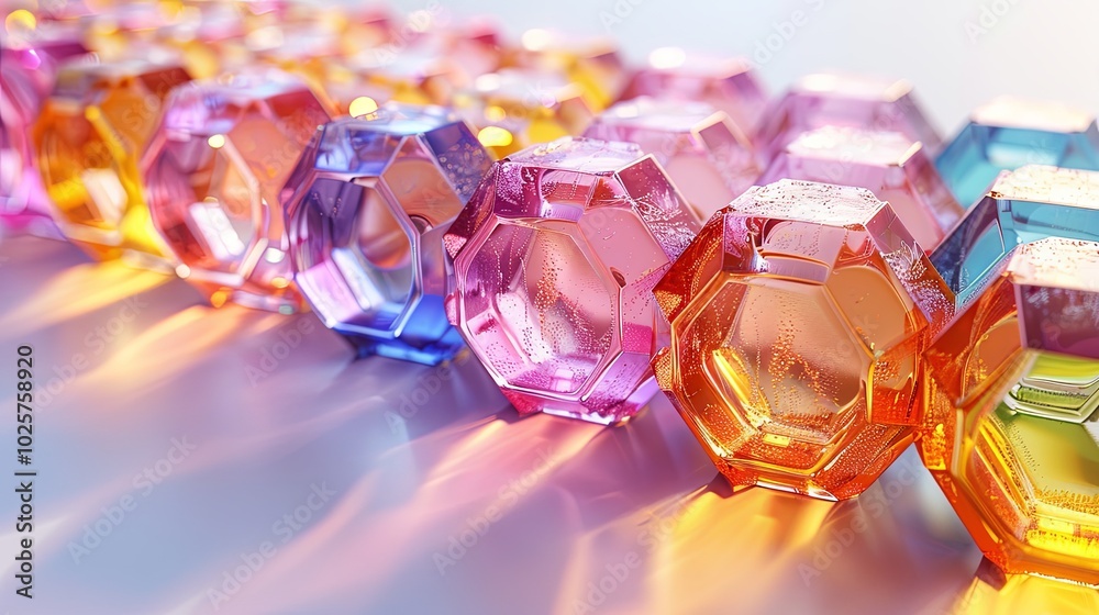 Glass multi-colored hexagons, transparent geometric crystals. 3d rendering Glass multi-colored hexagons, transparent geometric crystals. 3d rendering