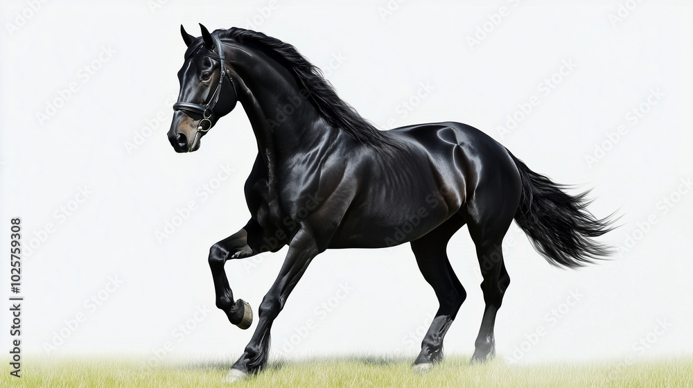 A black horse on a white background, moving gracefully across green grass. The horse's sleek coat shines in the light, highlighting its strength and elegance A black horse on a white background, moving gracefully across green grass. The horse's sleek coat shines in the light, highlighting its strength and elegance