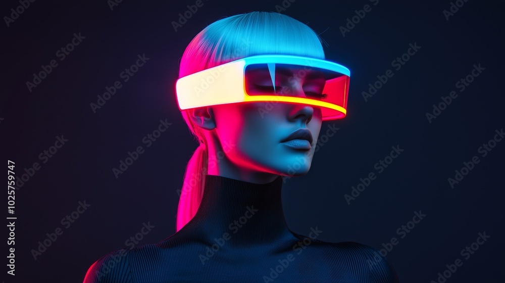 Futuristic portrait of a woman wearing neon glasses, showcasing vibrant colors and a modern aesthetic in an abstract setting. Futuristic portrait of a woman wearing neon glasses, showcasing vibrant colors and a modern aesthetic in an abstract setting.