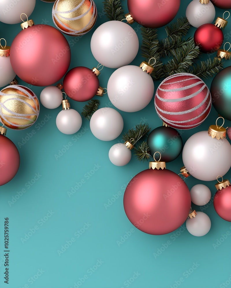 Festive Christmas ornaments on a teal background Festive Christmas ornaments on a teal background