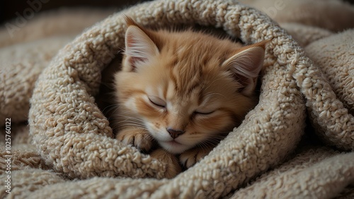 Tiny Kitten in a Warm Blanket: Fluffy and Calm, Enjoying a Cozy Sleep photo