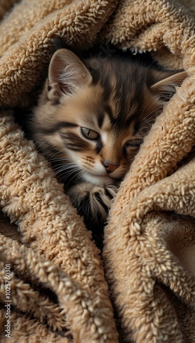 Tiny Kitten in a Warm Blanket: Fluffy and Calm, Enjoying a Cozy Sleep photo