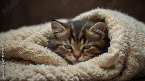 Tiny Kitten in a Warm Blanket: Fluffy and Calm, Enjoying a Cozy Sleep photo