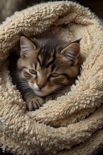 Tiny Kitten in a Warm Blanket: Fluffy and Calm, Enjoying a Cozy Sleep photo