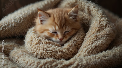 Tiny Kitten in a Warm Blanket: Fluffy and Calm, Enjoying a Cozy Sleep photo