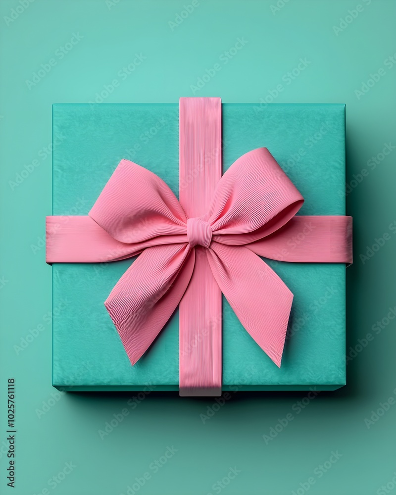Elegant turquoise gift box with pink ribbon on teal background Elegant turquoise gift box with pink ribbon on teal background