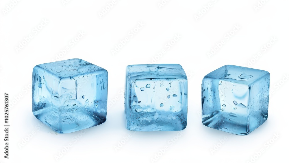 Three blue ice cubes with bubbles on a white background.