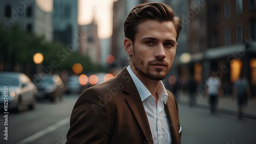 Stylish City Look: A Fashionable Man Against the Urban Landscape photo