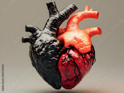 A 3D rendering of a human heart with one half black and the other half red.