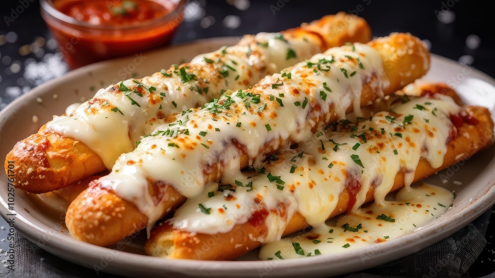 Three cheesy breadsticks topped with herbs and served with marinara sauce. Three cheesy breadsticks topped with herbs and served with marinara sauce.
