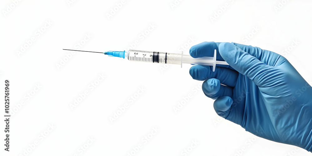 A gloved hand holds a syringe with a needle pointing to the left, isolated on a white background. A gloved hand holds a syringe with a needle pointing to the left, isolated on a white background.