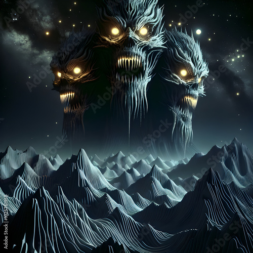 A strange-looking monster stands on top of a mountain on Halloween night. The monster is large and has three different heads. photo