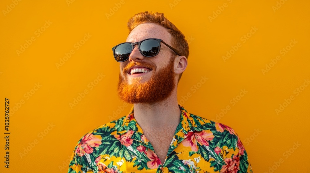Bright, cheerful man with a red beard smiles against a yellow backdrop. His fun shirt adds to the joyful vibe of the scene. Bright, cheerful man with a red beard smiles against a yellow backdrop. His fun shirt adds to the joyful vibe of the scene.