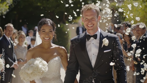 A joyful couple walks down the aisle, surrounded by friends and family, as flower petals rain down in celebration of their wedding day.