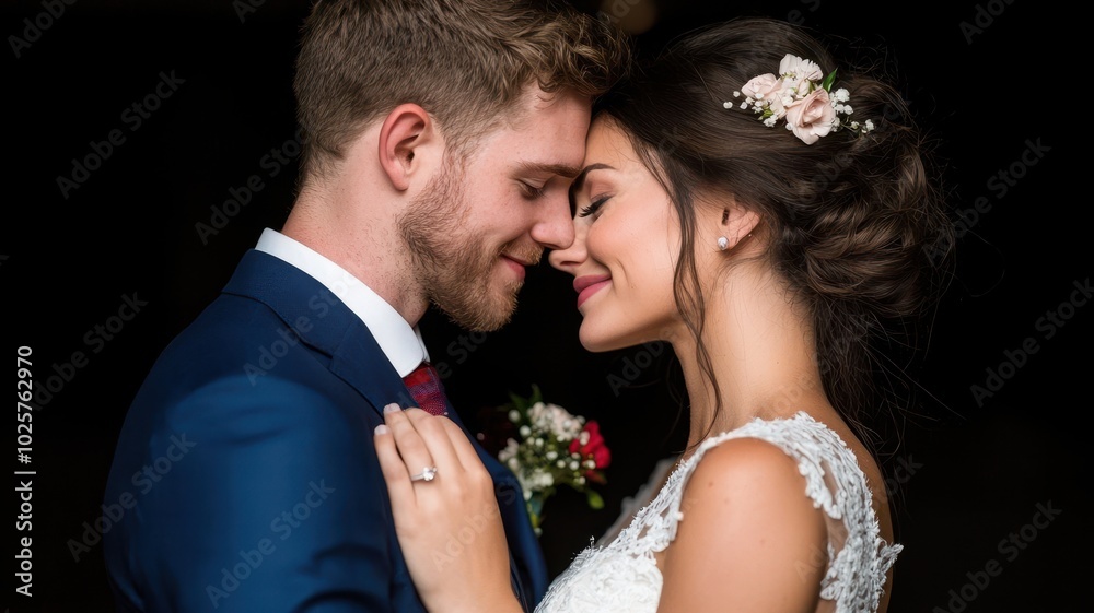A romantic couple shares an intimate moment, foreheads touching, in elegant wedding attire, surrounded by a softly lit backdrop. A romantic couple shares an intimate moment, foreheads touching, in elegant wedding attire, surrounded by a softly lit backdrop.