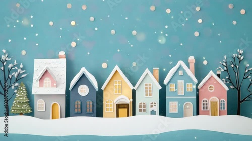 Decorative paper houses with snow-covered roofs and warm facades, winter holiday scene