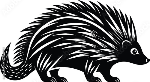 Silhouette of Porcupine animal, isolated flat vector illustration on white background.