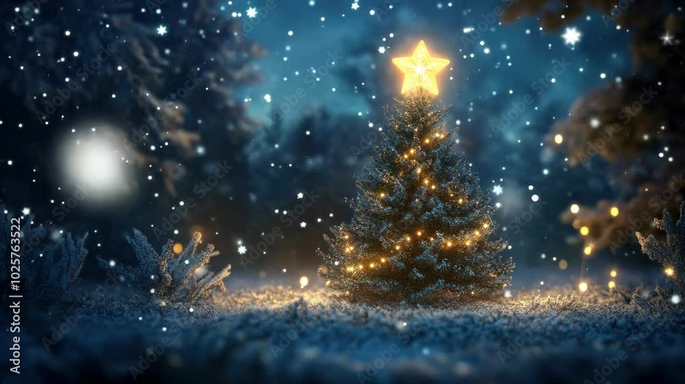 Elegant Christmas tree with glowing star atop in snowy winter wonderland Elegant Christmas tree with glowing star atop in snowy winter wonderland
