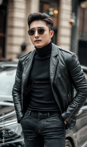 Man in black leather jacket and jeans.