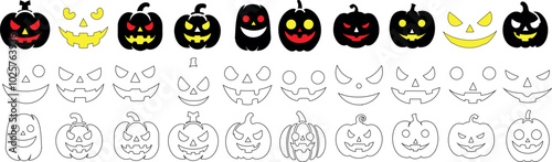 hand drawn halloween pumpkin vector, spooky jack o lantern faces vector clipart outline set, variety, scary expressions styles for horror theme illustration and Halloween decorations, festive design